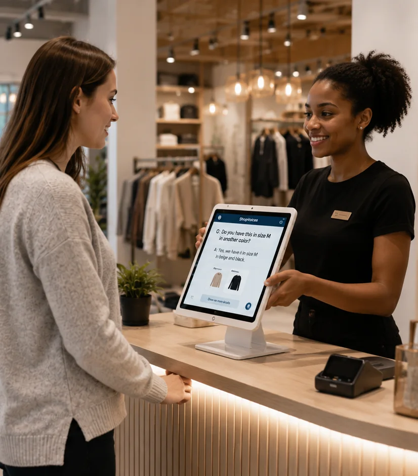 An associate showing a customer the answer on the counter screen