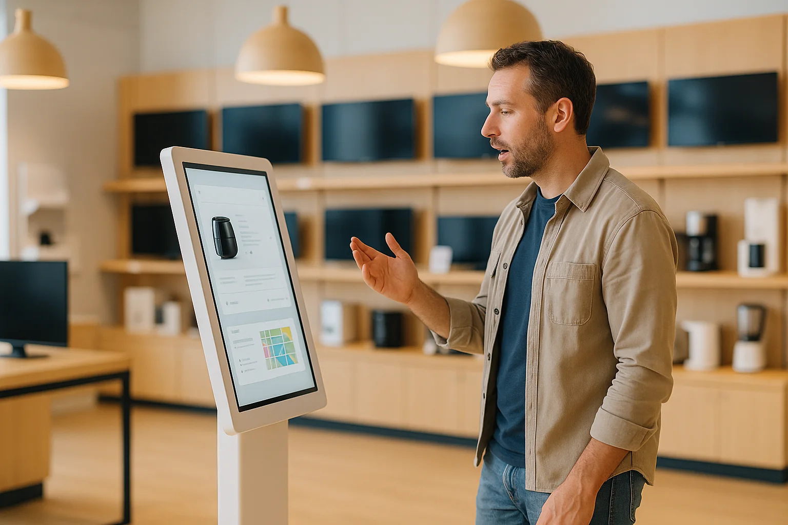 A shopper asking the kiosk a question by voice