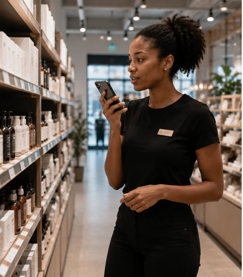 An associate asking the handheld assistant a question in the aisle