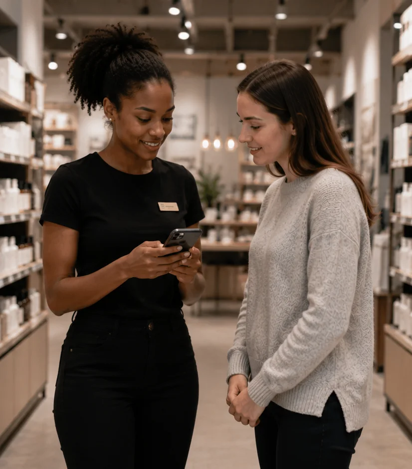 An associate helping a customer with the handheld assistant