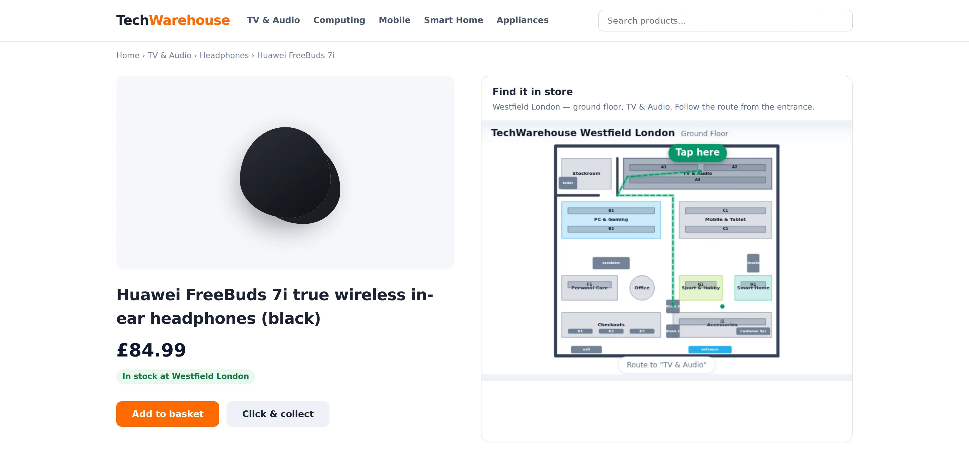 A retailer product page with ShopVoices wayfinding embedded: the store map shows the route to the shelf next to the product details
