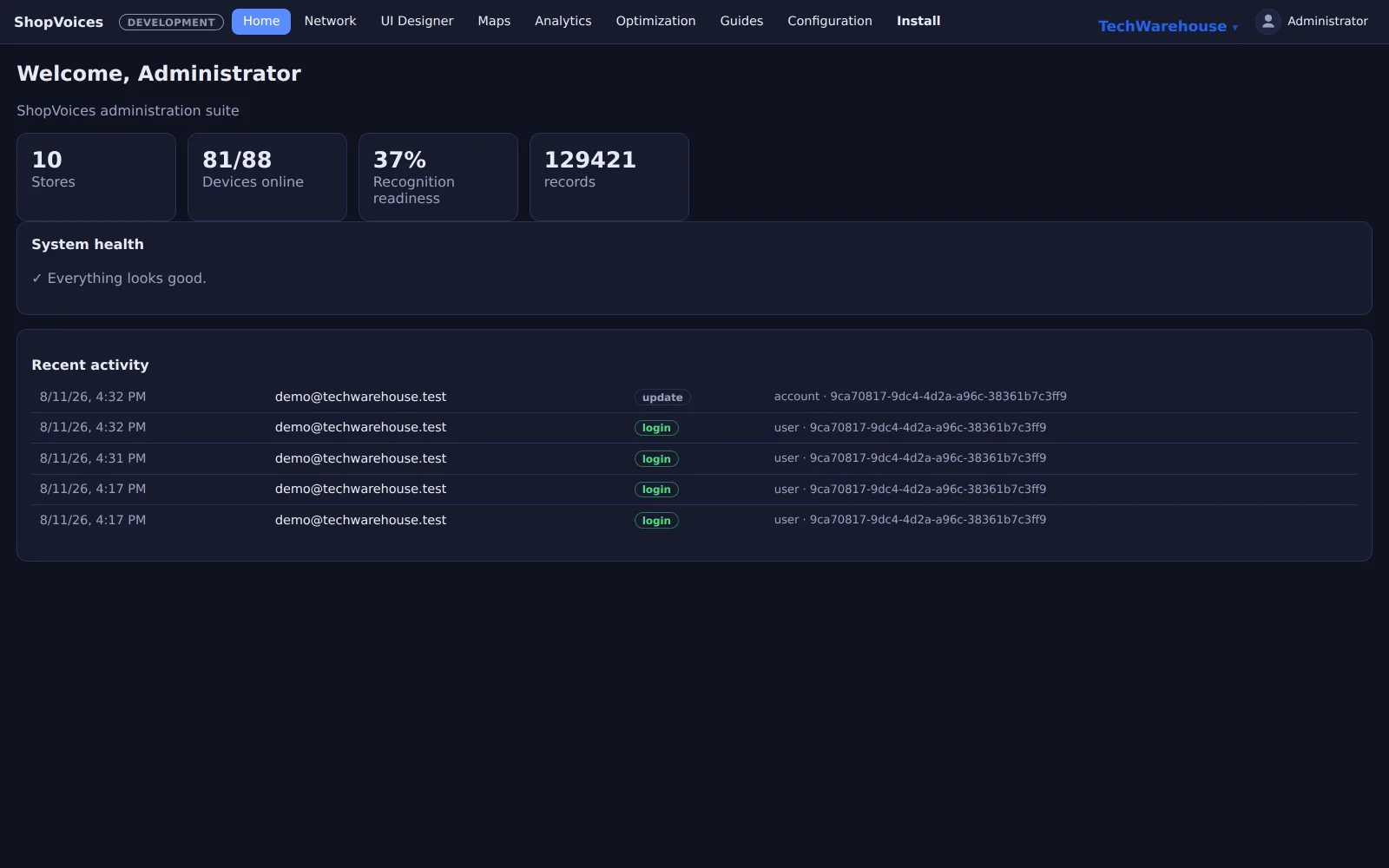 The Console home dashboard: estate KPIs and the health strip