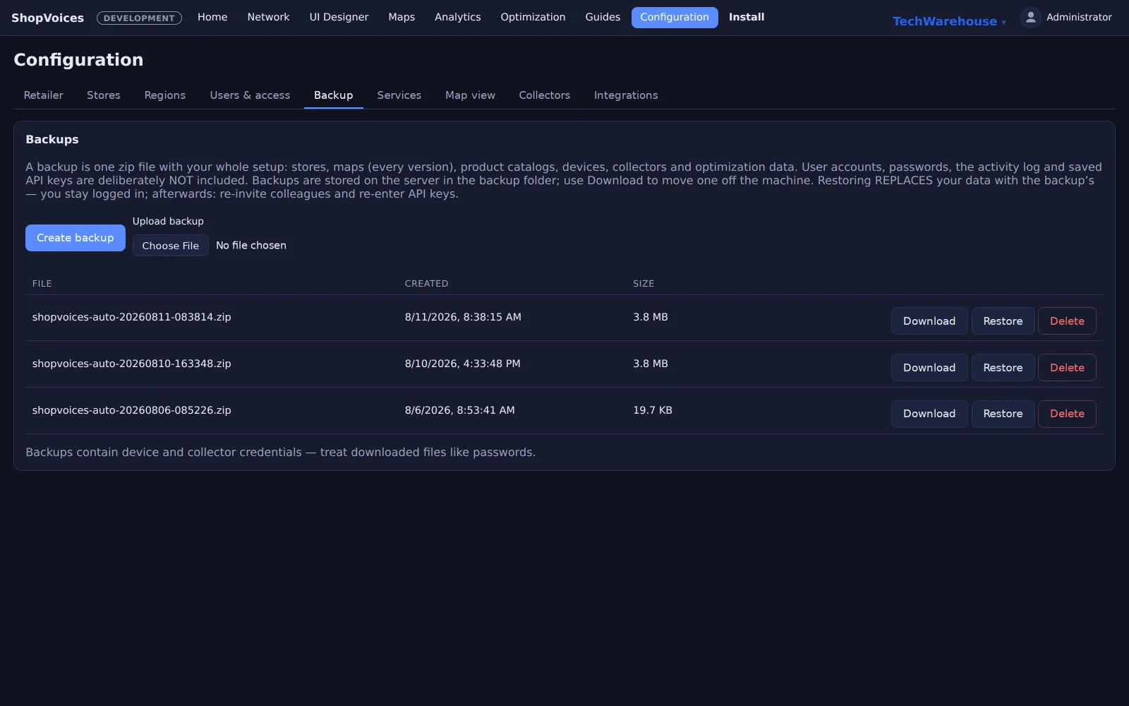 Configuration: one-click backup and dry-run restore