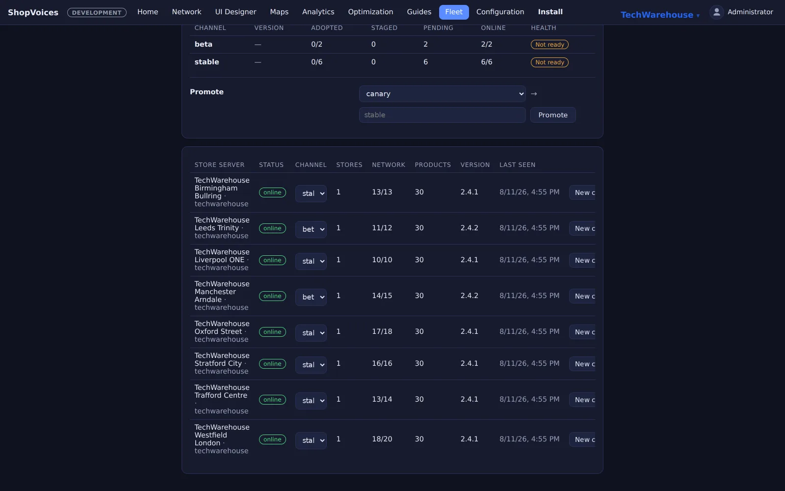 The HQ fleet view: every store server online with release channels and versions