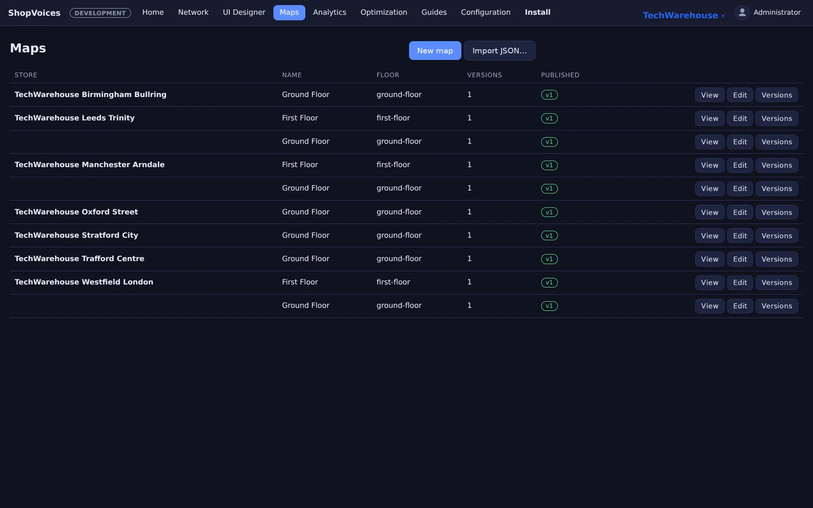 The maps library: one row per store floor with versions, preview and publish