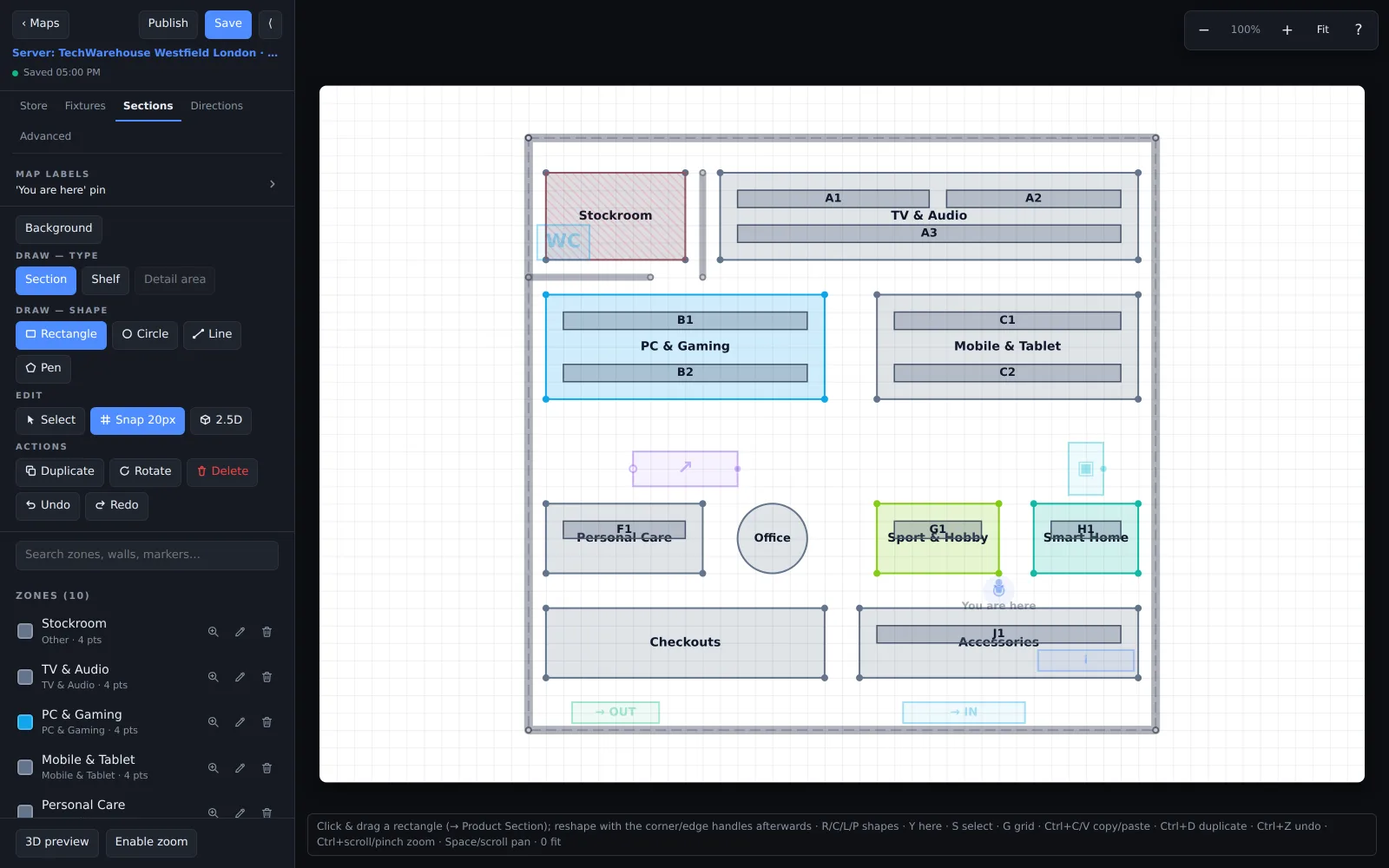 The map editor on the Sections step: departments and shelves drawn on the floor plan