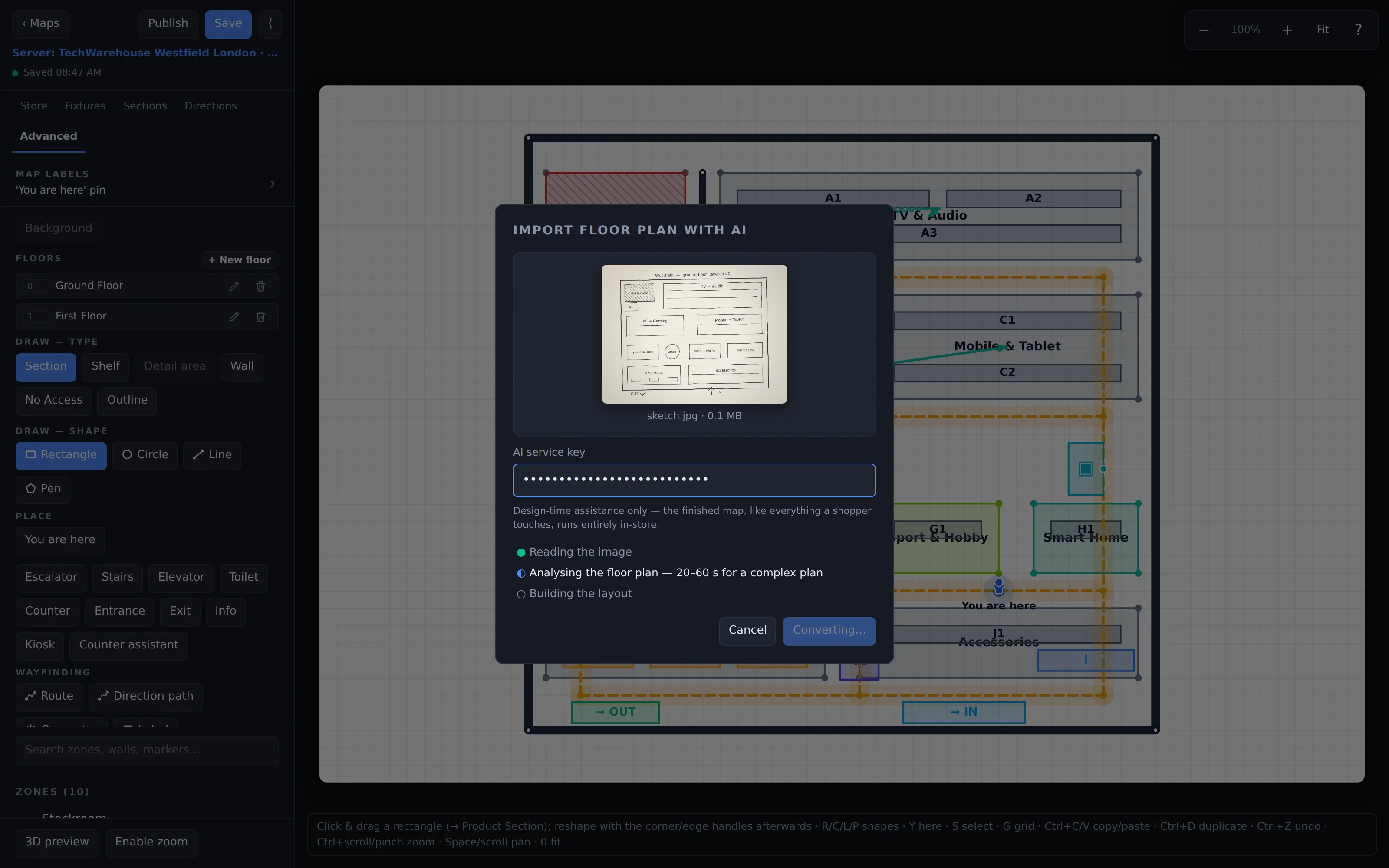 The map editor's Import floor plan with AI dialog: a photographed paper sketch dropped in, conversion steps running, the drawn map behind