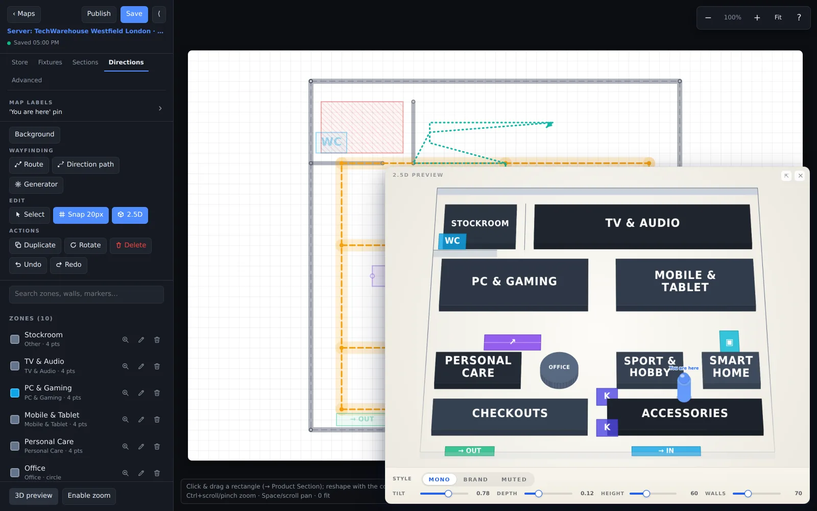 The 2.5D store map preview with department labels and the you-are-here marker