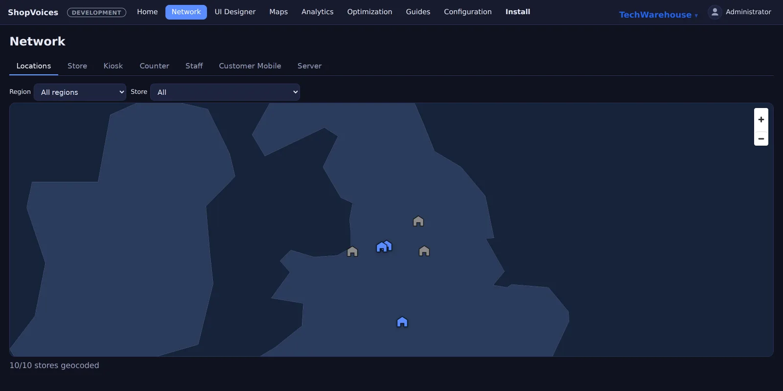 The estate locations map: every store pinned on a self-hosted map