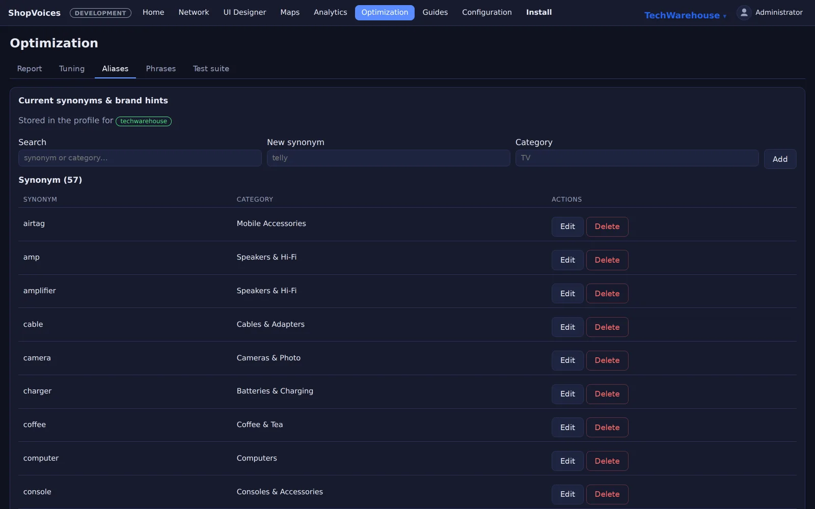 The Aliases tab: shopper synonyms mapped to catalogue categories