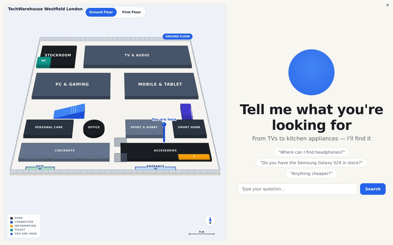 The kiosk welcome screen: branded idle state with example questions