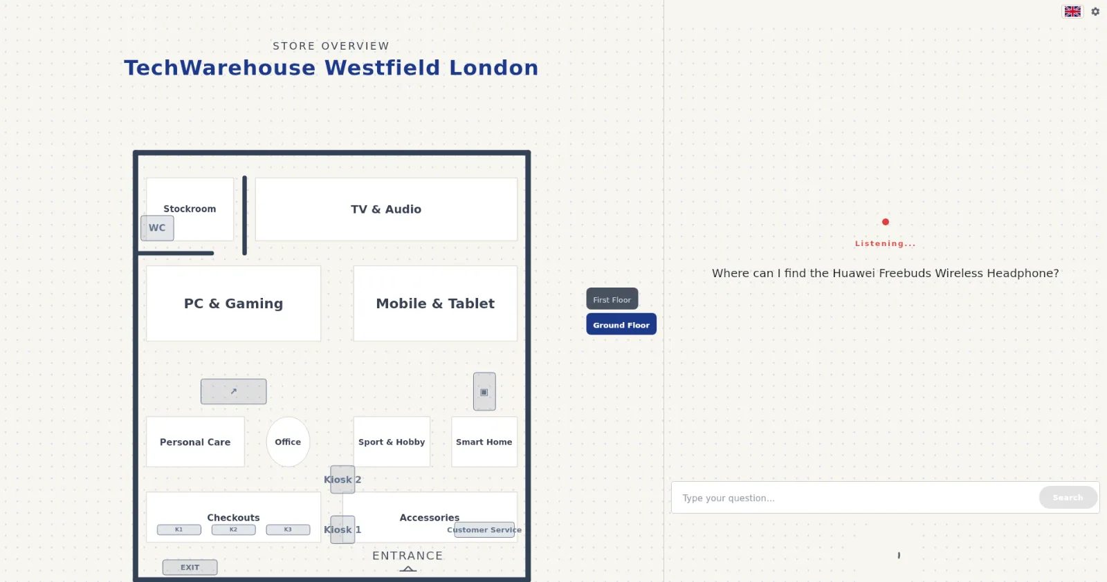 The kiosk listening: live words appearing on screen as the shopper speaks