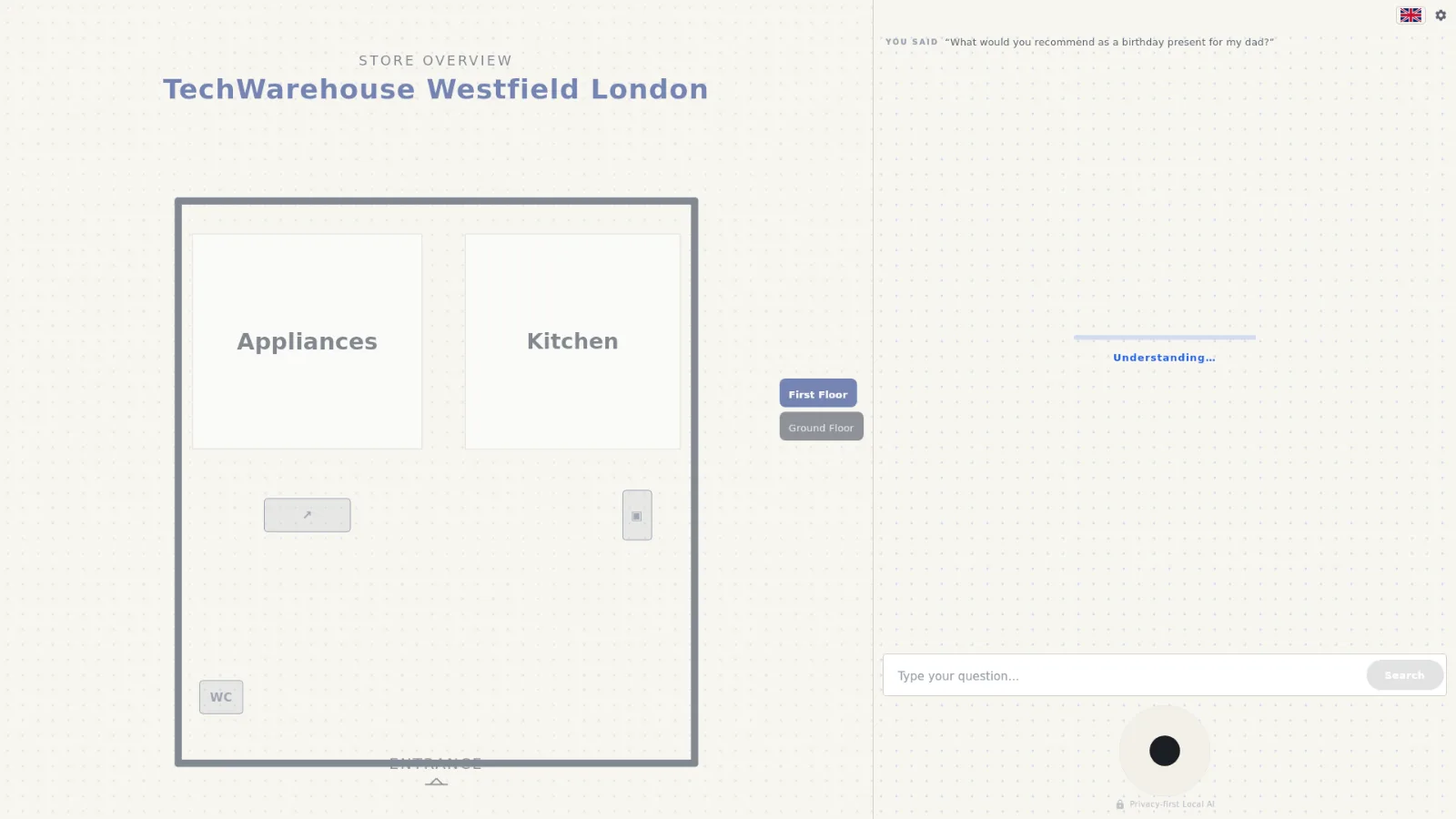 The kiosk thinking: the stage-synced progress bar while the answer is found