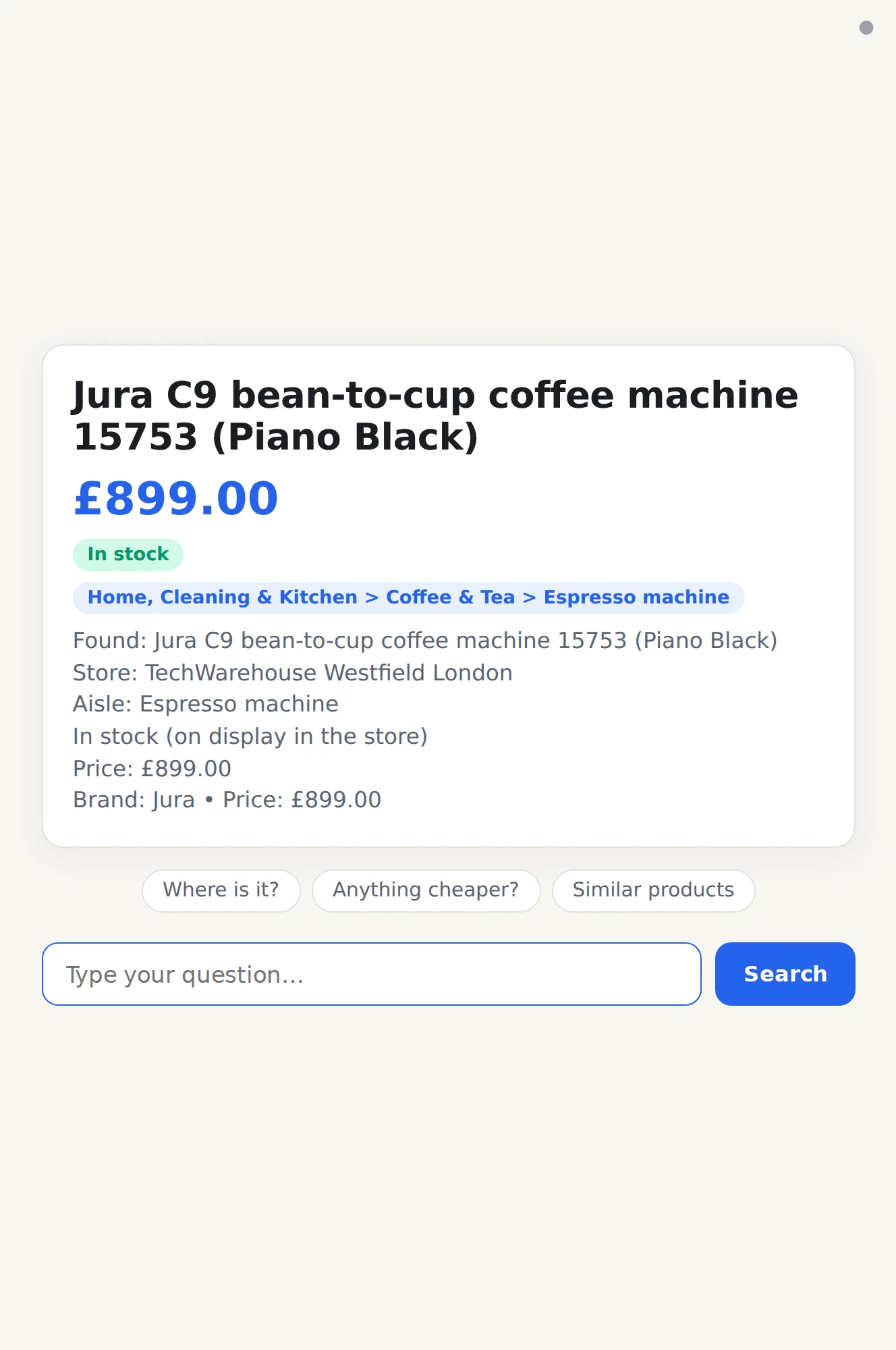 The kiosk answer card with price, stock and specifications